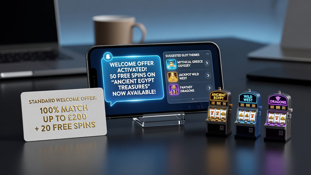 Mobile casino app screen displaying themed slot recommendations and welcome offer notifications